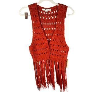 XXI Forever 21 Vest Top Medium Red-orange Crochet Long Fringe Hippie Boho